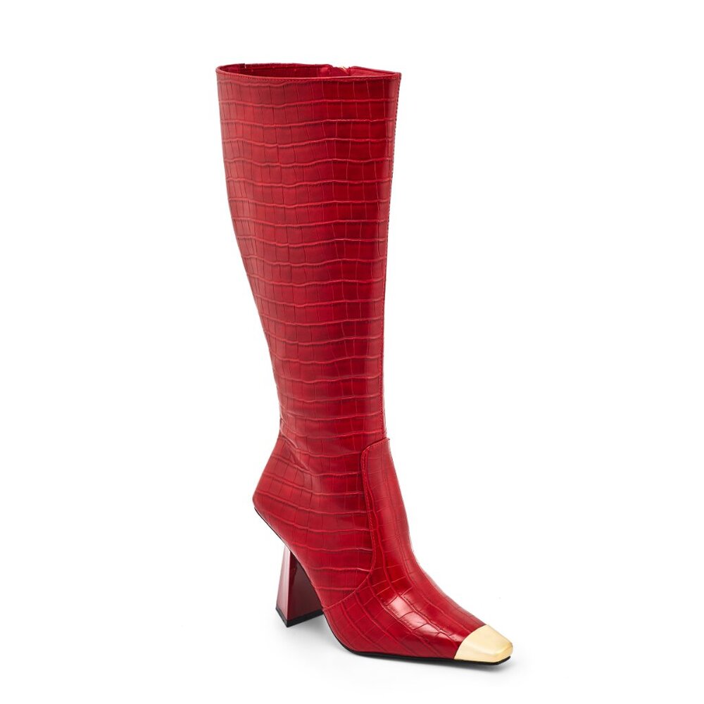 Stylish Modern Red Fashion Leather Knee High Pointy Crocodile Boots